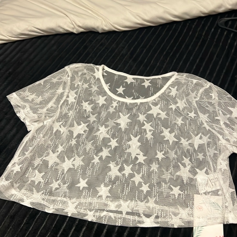 NWT- Women's sheer Mesh Crop Top Short Sleeve top - star pattern - medium